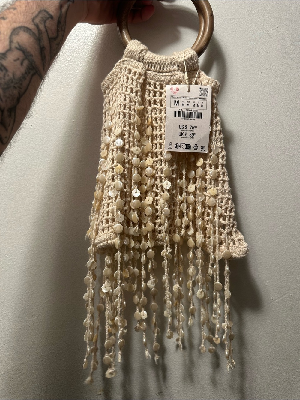 ZARA Beaded Crochet Fringe Bucket Bag Wooden Handles NWT - Picture 1 of 9